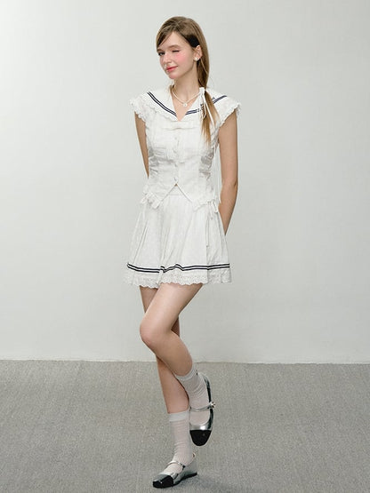 Self-tie Straps Waist White Pleated Skirt