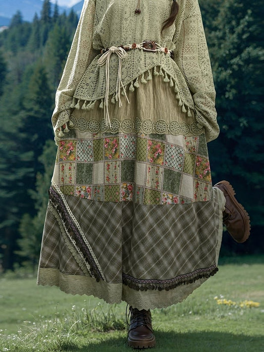 Bohemian Waist Cottagecore Patchwork High Green Mori Kei Skirt