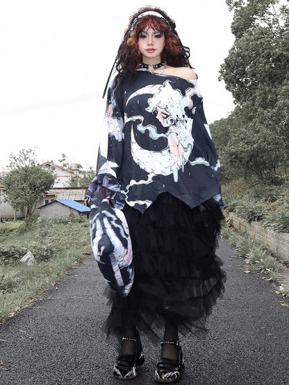 Fashion Black Moon Sleeves Protection Top Long And Gyaru Cartoon Print Sun