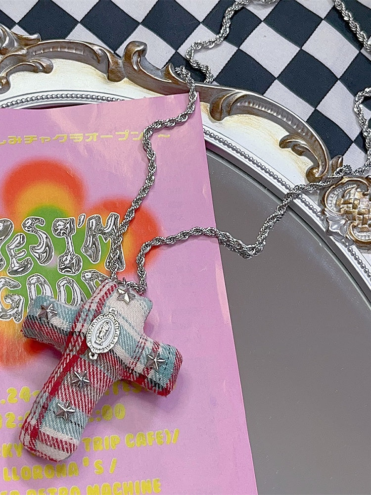 Y2K Blau-Rot-Kreuz Mode Verzierte Gyaru Halskette Stern
