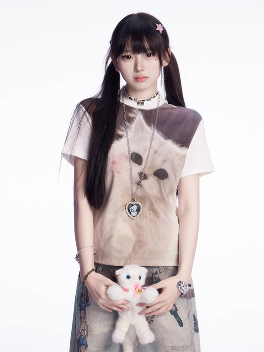 Neck Crew White Vintage Kitten Print Slim-fitting T-shirt