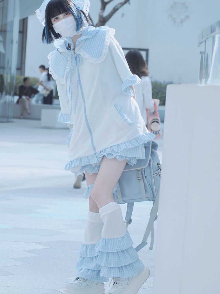 White Blue Bunny Ear Design Hooded Jacket and Free Collar