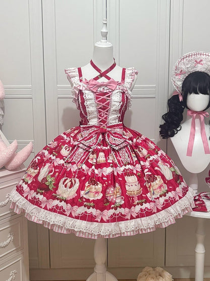 Lolita Skirt Sweet Red Bows Print Dessert and Jumper Strawberry