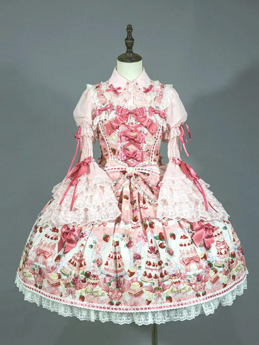 Full Print / Pink Set and JSK Lolita Desserts Sweet Strawberry Bow Accents