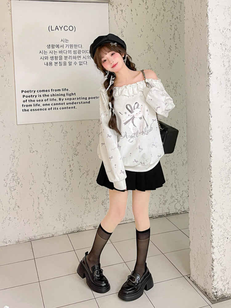 Ruffled Asymmetrical Lamb and Bow Print White Neckline Sweatshirt