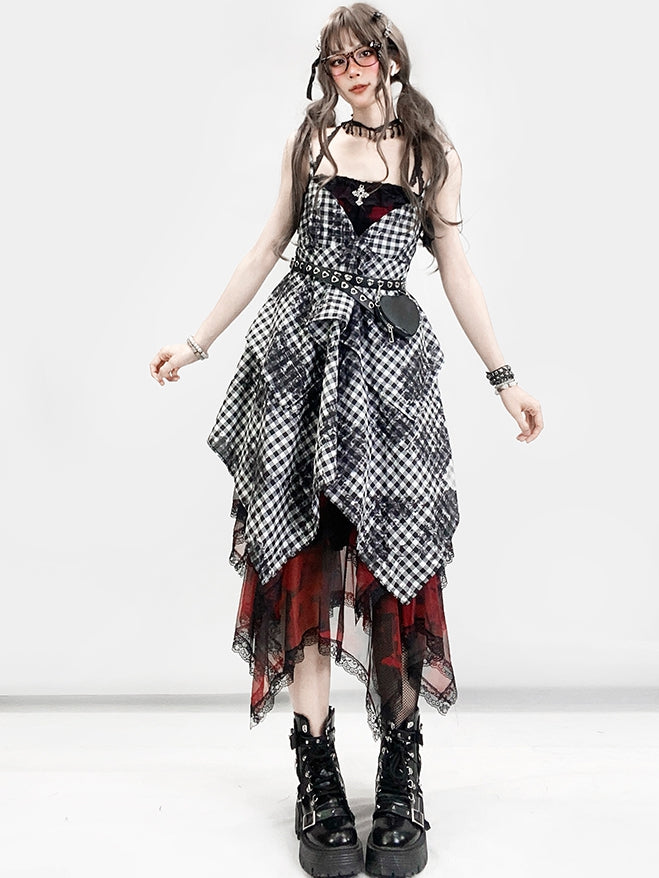 Tie Red Trim Lace Hem Y2K Skirt Handkerchief Dye Tiered