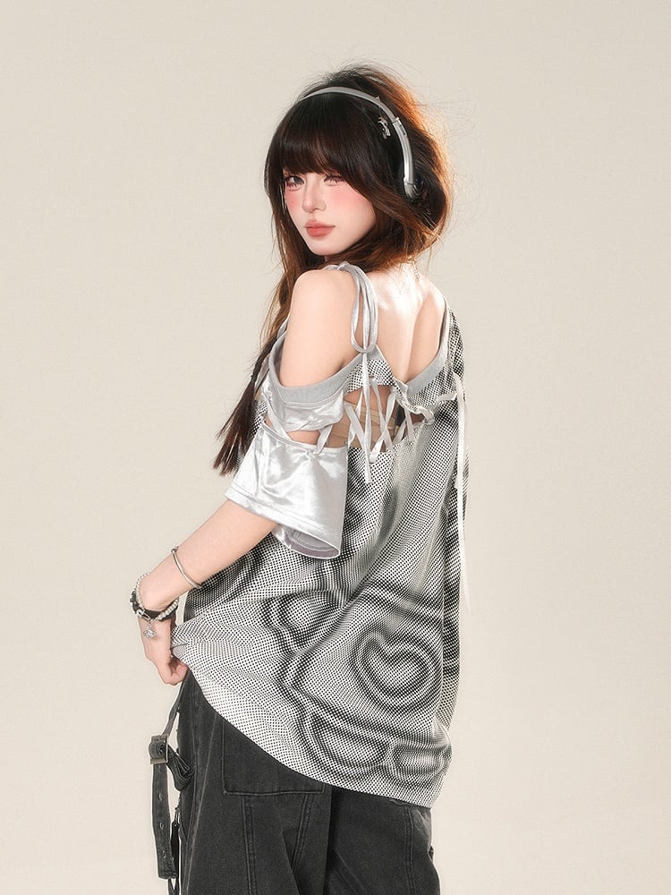 Gray Cutout Shoulder Embroidered Sports T-Shirt with Lace-up Detail