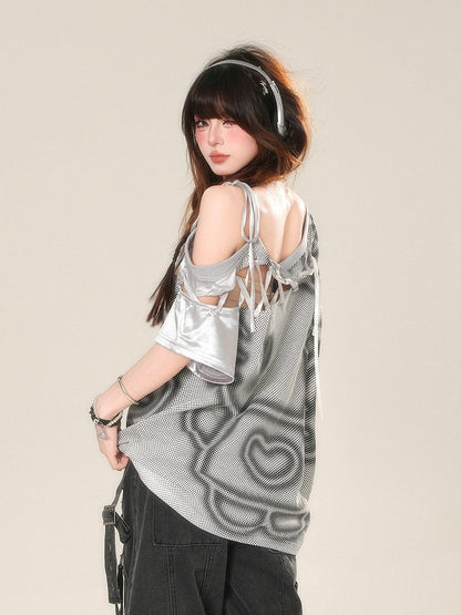 Gray Cutout Shoulder Embroidered Sports T-Shirt with Lace-up Detail