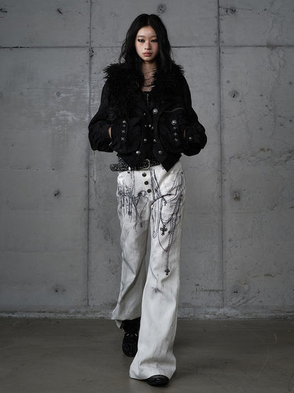 with Chain Studs Print Punk Cross Pants Button-Up Wide-Leg Fly White