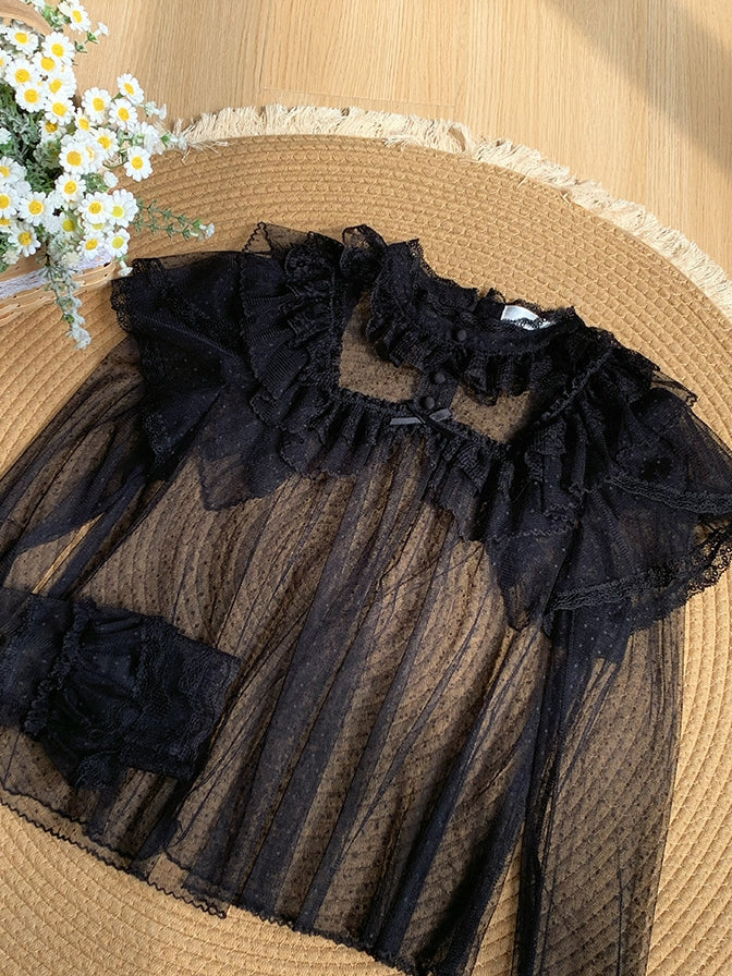 Sheer Lace Dots Black Tulle Top Long Sleeves
