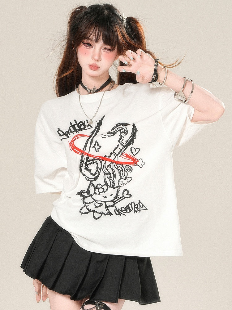 Kawaii Kitty Print T-shirt Daily White