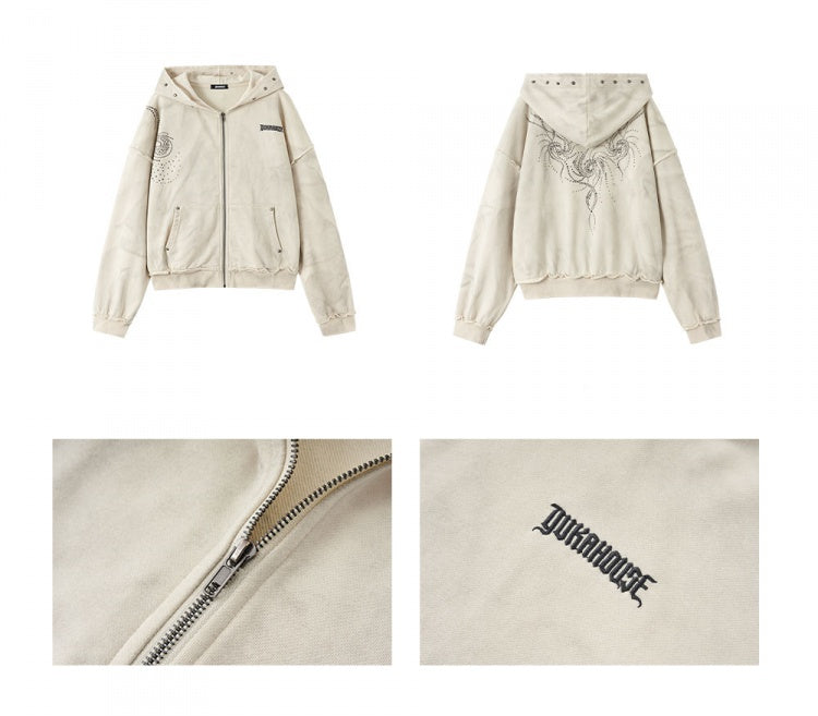 Wasteland Punk Studs Beige Washed Loose Casual Zip Hoodie