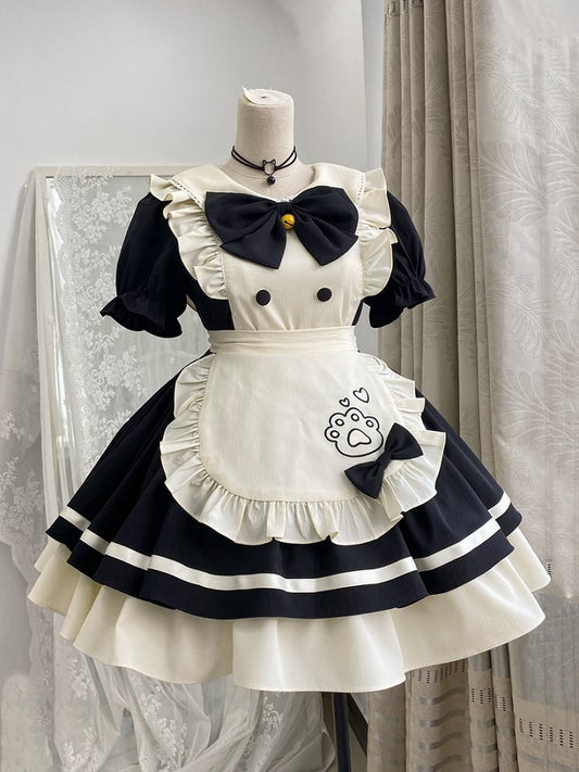 Embroidery Paw Kitty White Maid Apron Dress Sweet and Black Lolita