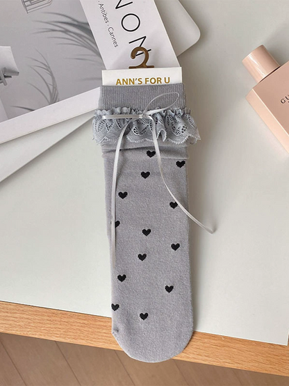 Lace Black/White/Yellow/Gray Cuffs Details Socks Calf Heart Print Ruffled Bowknot