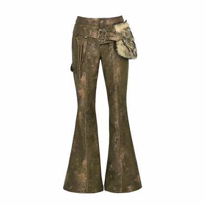 Green Low-Waist Buckle Flared Pants with Plush Waist Bag