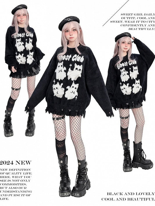 Cute Ghost Cats Distress Trim Black Soft Sweater