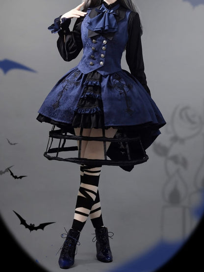 Black and Dark Blue Ouji Lolita Fashion Prince Shirt With Jabot