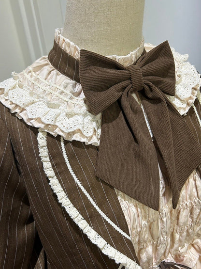 Fake Pieces Design Coffee Creamy Lolita House Print Dress Sleeves Long Teddy Two