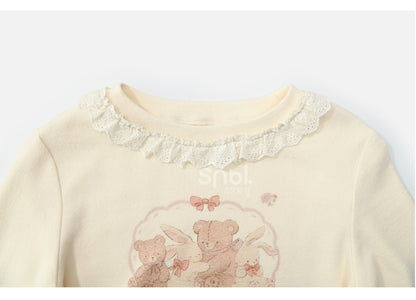 Apricot Bunnyand Teddy Bear Long Sleeves Top Ruched