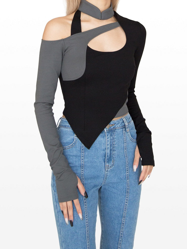Cyberpunk Black & Grey Banded Collar Cutout Detail  Asymmetrical Hem Glamorous Top