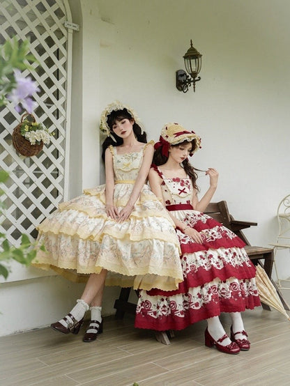 Lily Cherry – Gestuftes Blumenkleid, Lolita-Rock, Pullover, Gelb und klassischer Aufdruck