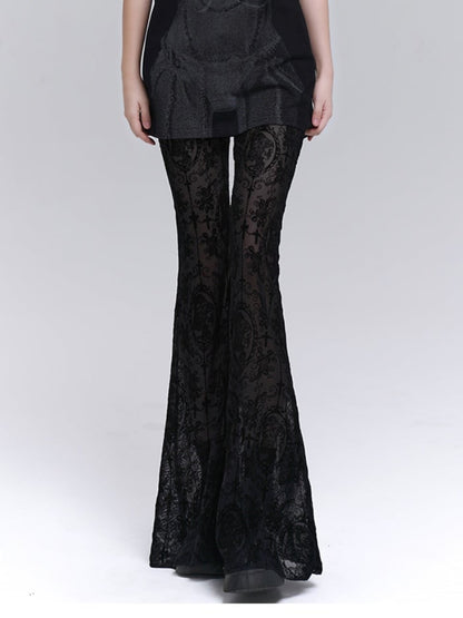 Gothic Black Lace Rosette Flared Pants