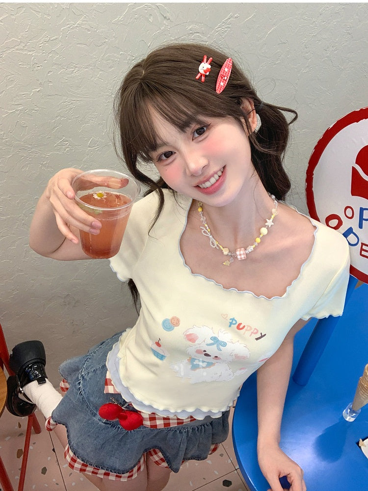 T-Shirt Hem Square Neck Apricot Puppy Print Lettuce
