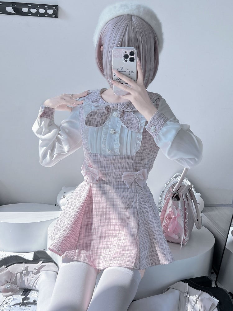 Kei Design Sleeves Top Plaid Outfit-Pleating + Details Jirai Bowknot Shorts Pink Long