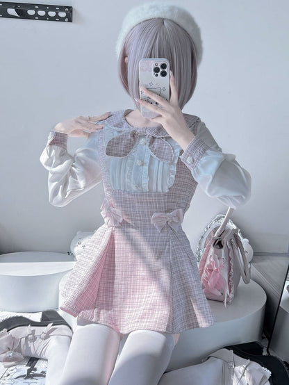 Kei Design Sleeves Top Plaid Outfit-Pleating + Details Jirai Bowknot Shorts Pink Long