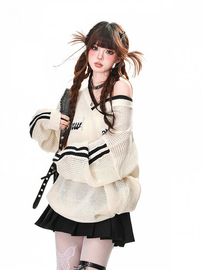 Black/White Asymmetrical Neckline Sun Protection Hollow-out Top