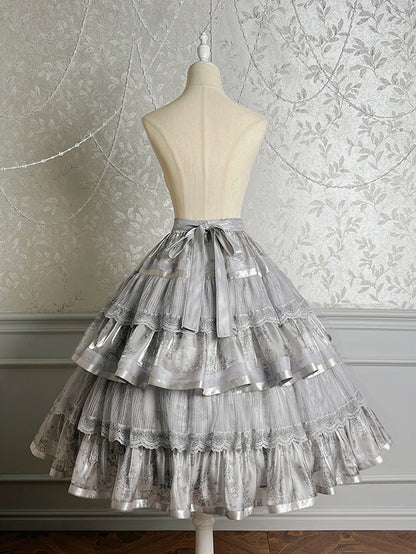 Grauer Stufenrock mit Kitty-Print, Silber und Lolita-Häschen