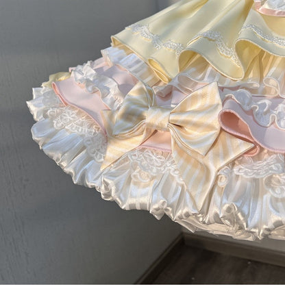 Theme Pink Yellow and Sleeves Puff Lolita Maid Sweet Bunny Dress