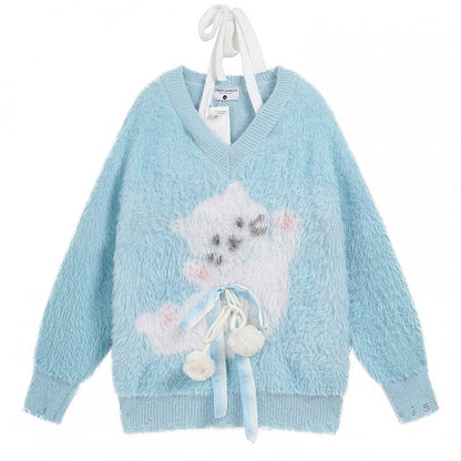 Light Blue/Pink Cute Cat Fuzzy V-Neck Halter Sweater