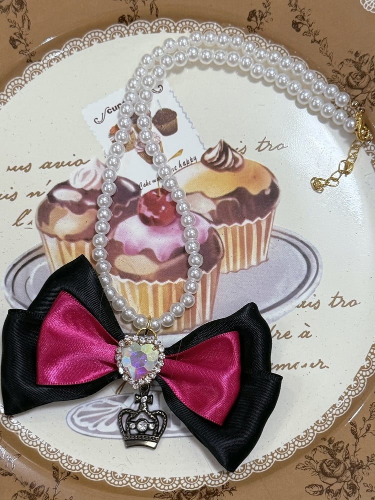 Beaded Haiclip Necklace Bowknot + Ring Lace Pendant Decorated Heart Trim BlackPink Rhinestone