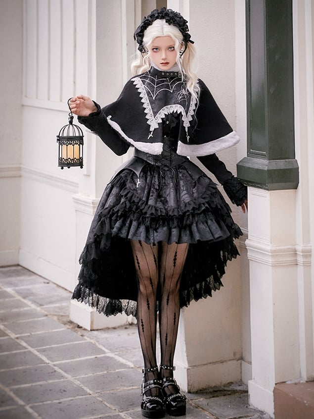 Cross Charms Spider Web Plush Neckline Cape