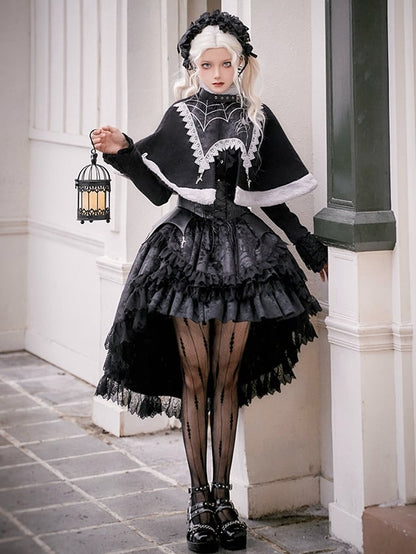 Cross Charms Spider Web Plush Neckline Cape