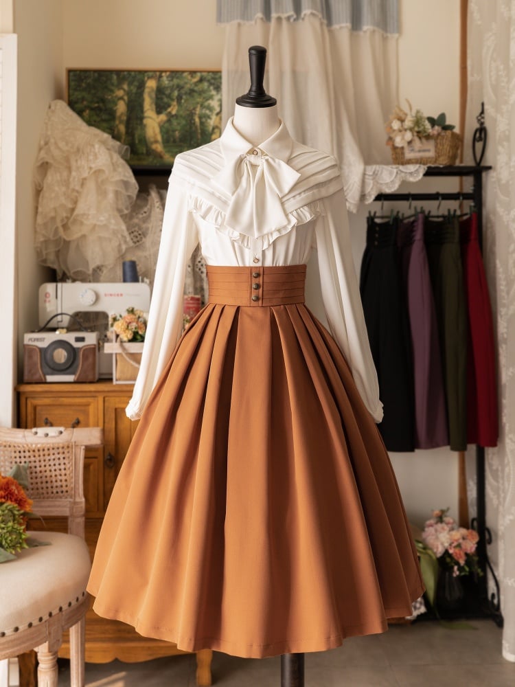 Orange High Waist Pleated Skirt Lace-up and Shirring Back