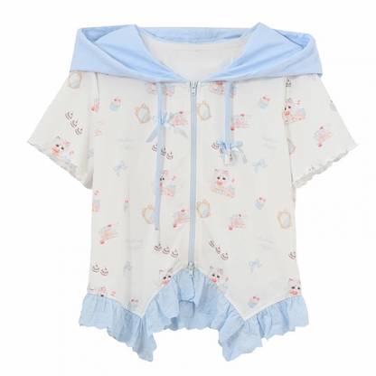 Zip-up Hooded Cute Kitty Print Curved Hem Lace Blue Trim T-Shirt