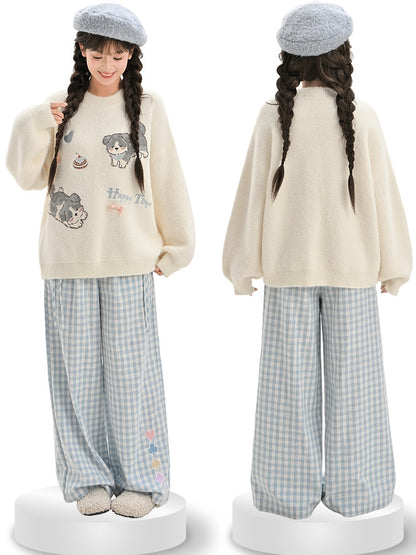 White Cute Puppies Pattern Round Neck Loose Sweater