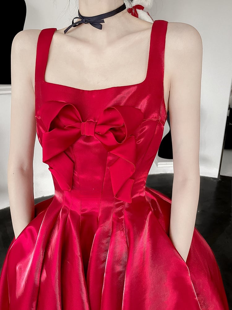 Red Christmas Glossy Dress Bowknot on Bodice Homecoming Dress