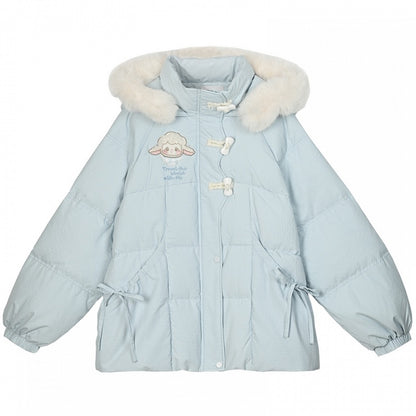Blue Cute Lamb Applique Bowknot Details Hooded Down Coat Short Version