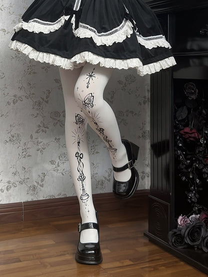 Tights Butterfly and Candelabra Print Gothic Lolita White