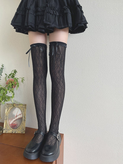 Milk White/Black Bowknot Overknee Stockings Floral Pattern Details