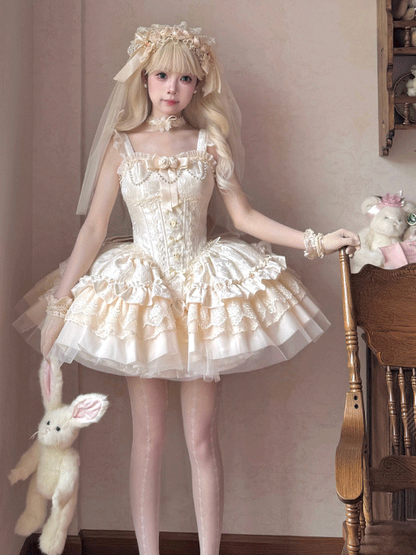 Puffy Dress Fabric with Boned Basque Waist Jacquard Beige JSK Big Hime Lolita Balletcore Bow Train