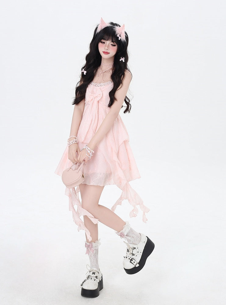 Pink Cascading Ruffle Accents Bow Detail Front Sleeveless Dress