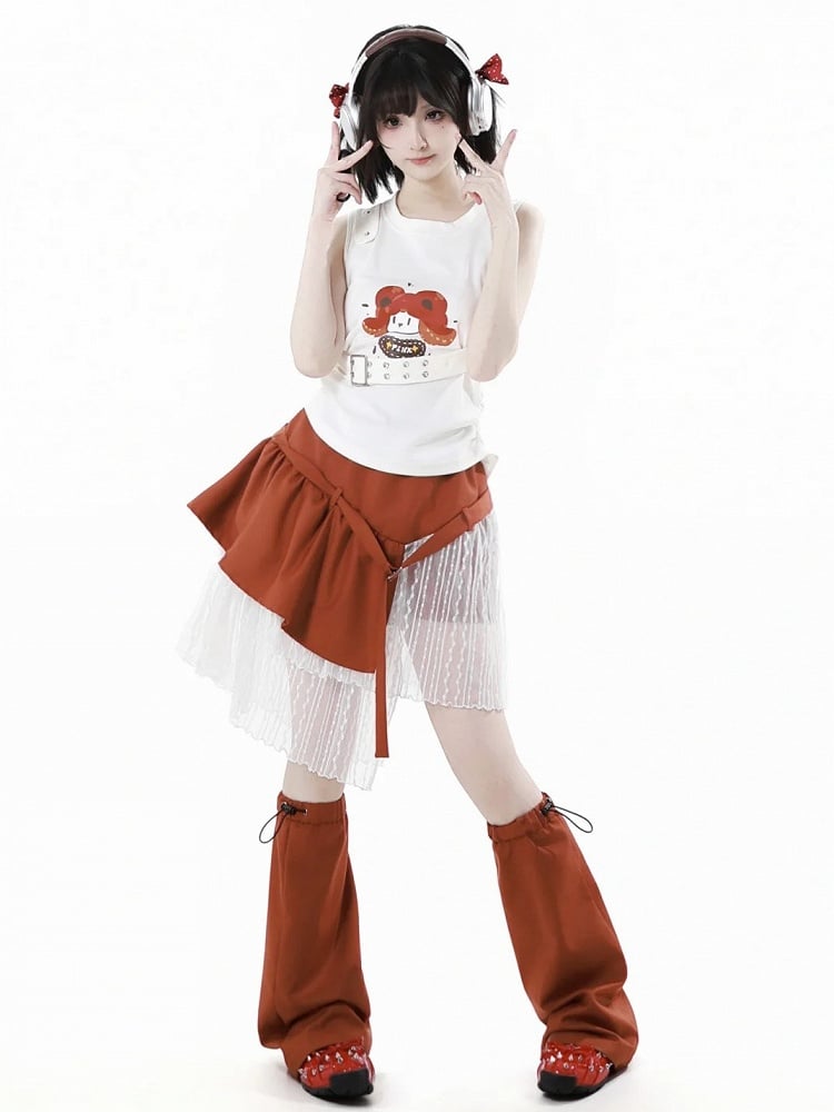 White Cartoon Print Cotton Tank Top with Detachable Buckle Strap