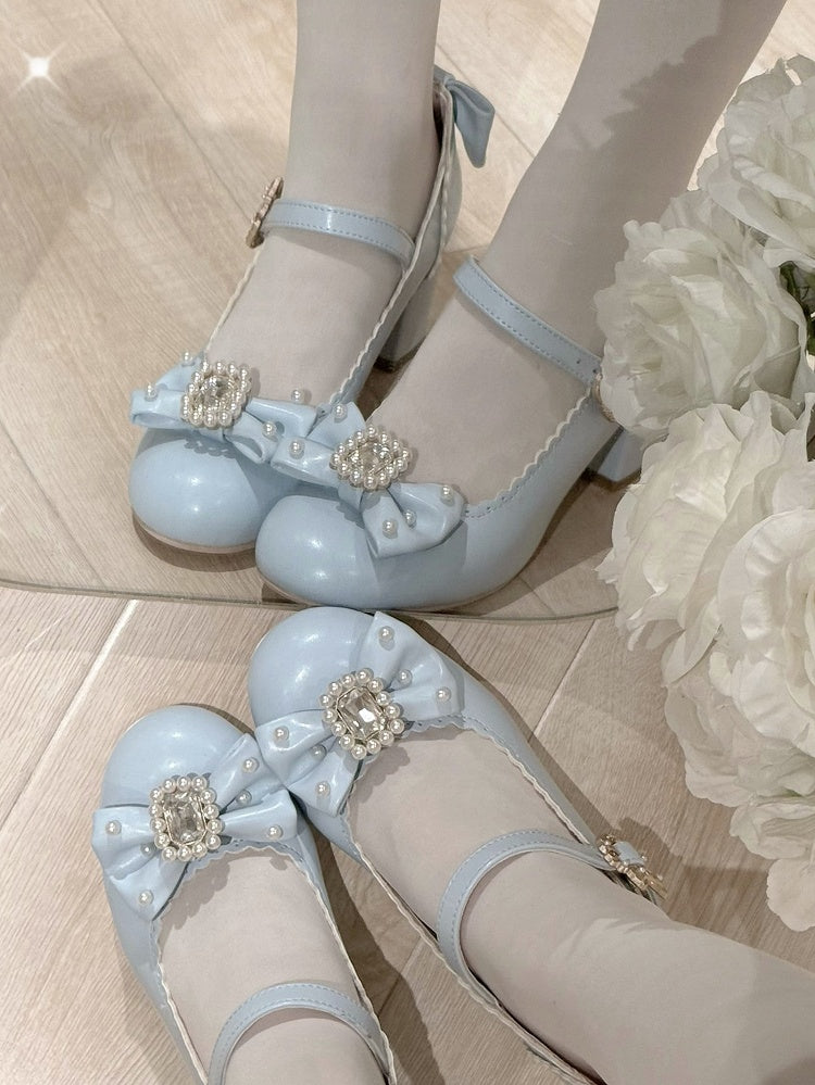 Round Mary Toe Decorated Lolita Rhinestone And Details Bowknot Janes Beaded Blue Shoes