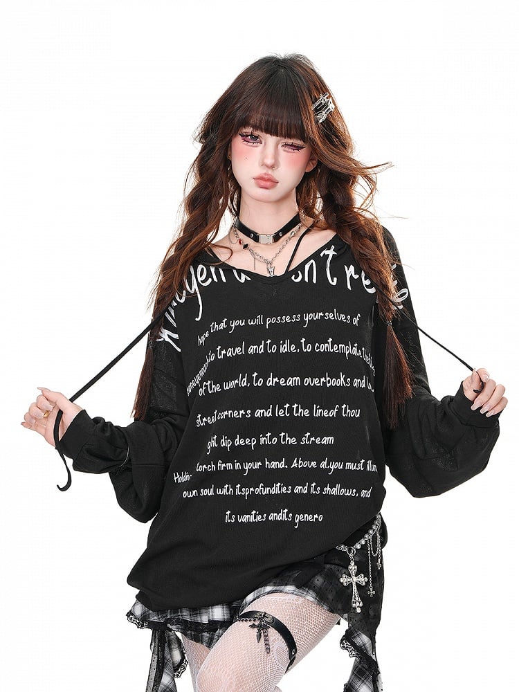 Black/White/Blue Semi-sheer V-neck Letter Loose Hoodie
