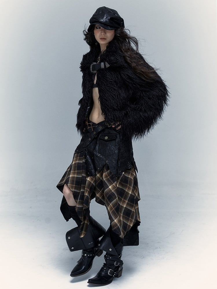 Corset Dress/Skirt: PU Studded Black 2-in-1 Hem Plaid Handkerchief Convertible Strapless