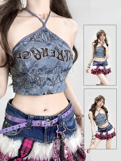 Print Halter Neck Top Letter Kawaii Bittersweet Blue Glamorous